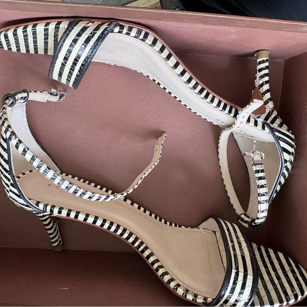 Coach Black and White Striped Ankle‑Strap Heels